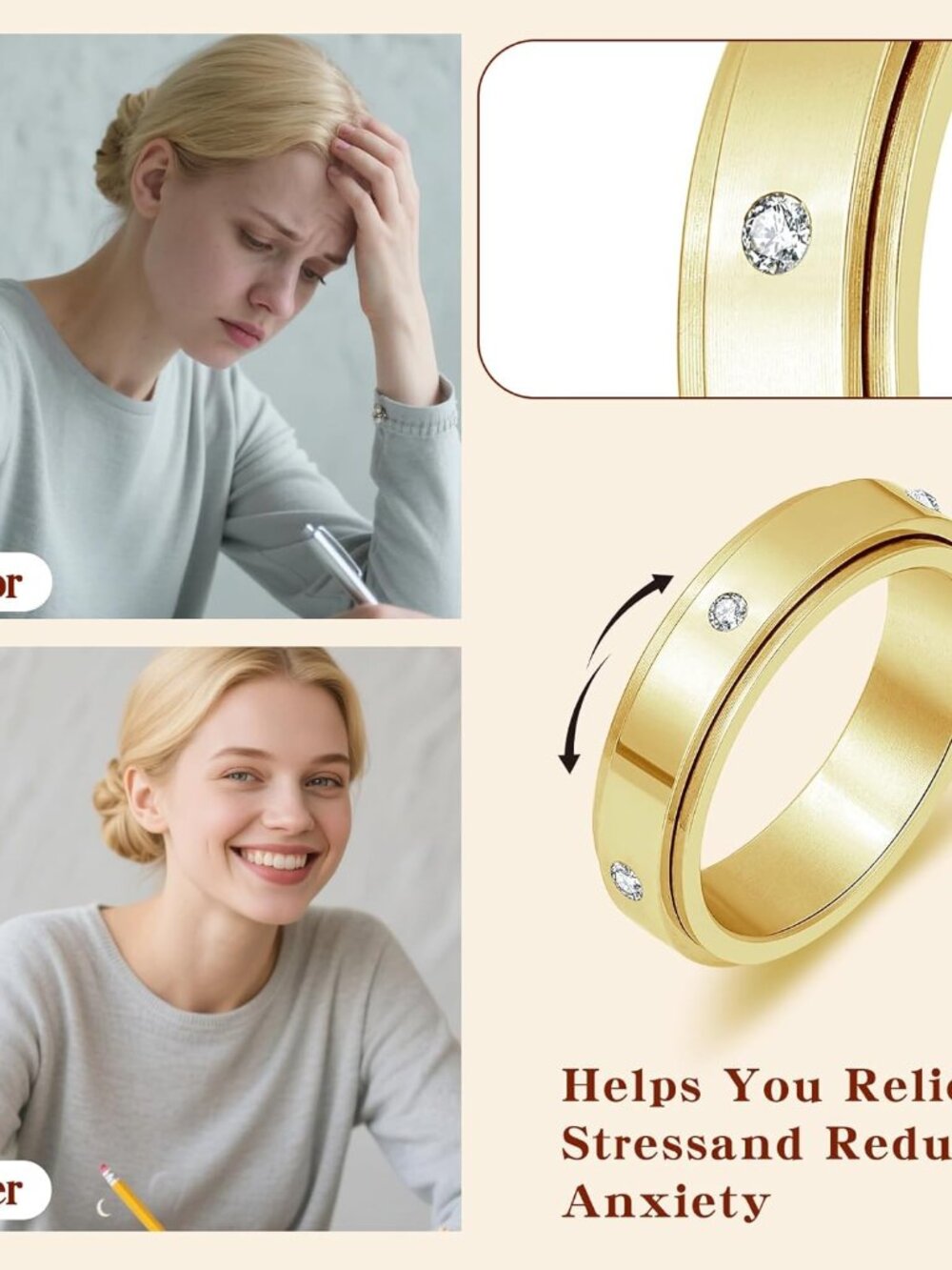 Anxiety Ring for Women Men Fidget Spinner Ring with Cubic Zircon Gold/Silver Sta - Picture 3 of 6